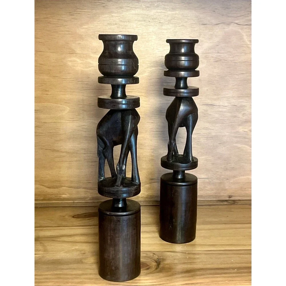 Vintage Wood Giraffe Candlesticks Set Boho Safari Decor Dark Wood Candle Holders